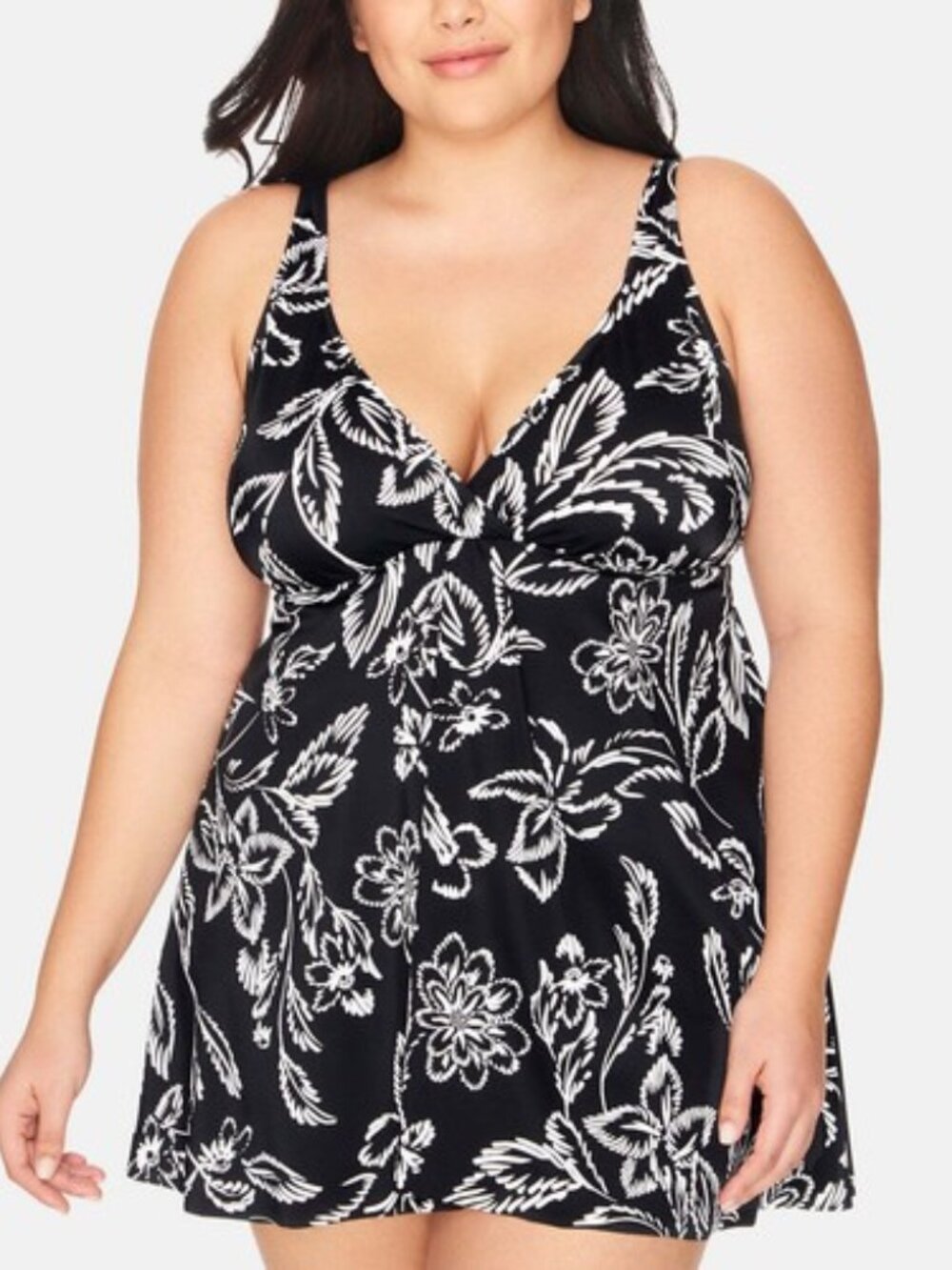 Swim Solutions Womens Classic Bloom Tummy Control Flyaway Swimdress